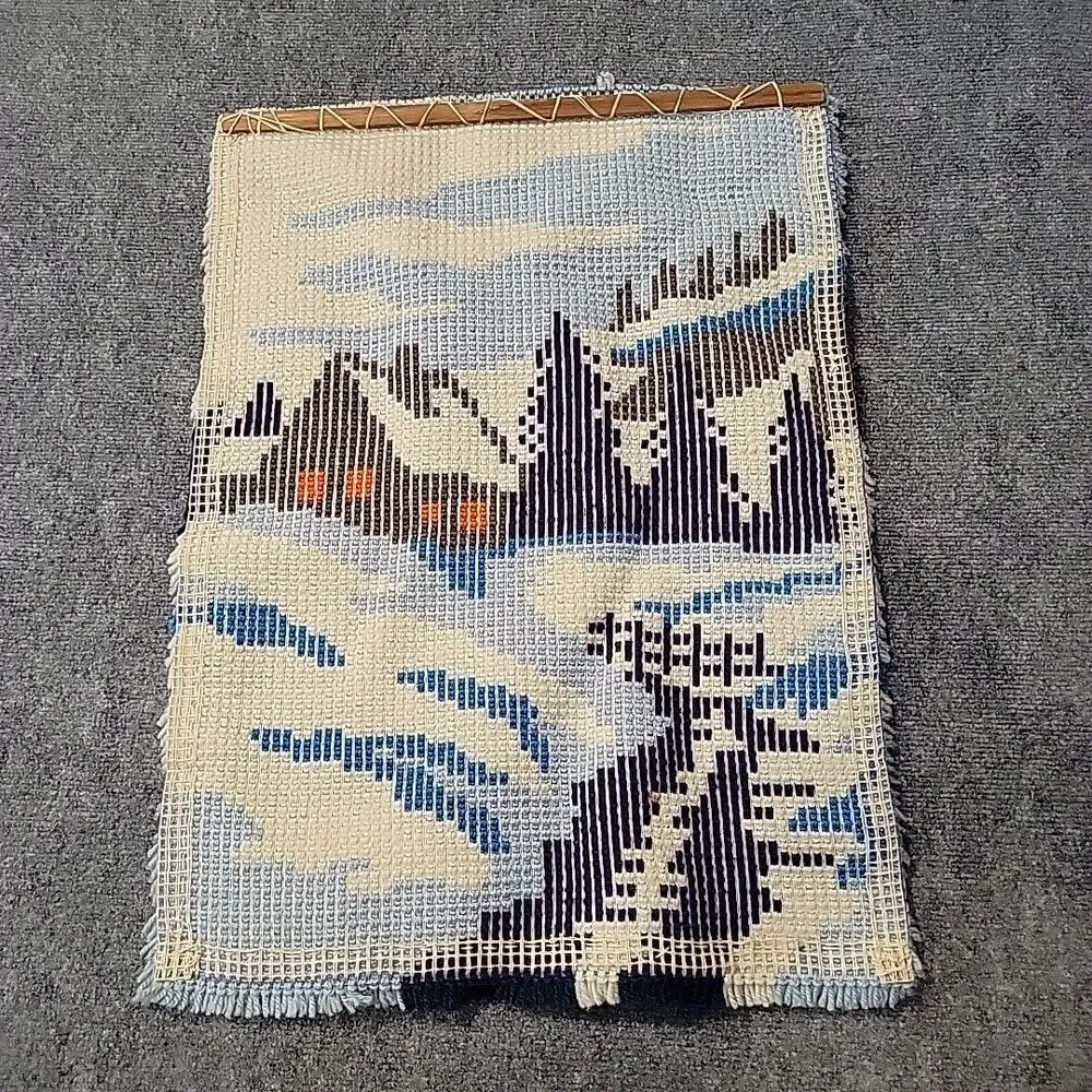 VTG Snow Landacape Latch Hook Wall Hanging Cottage Winter Kitsch 27” x 19”